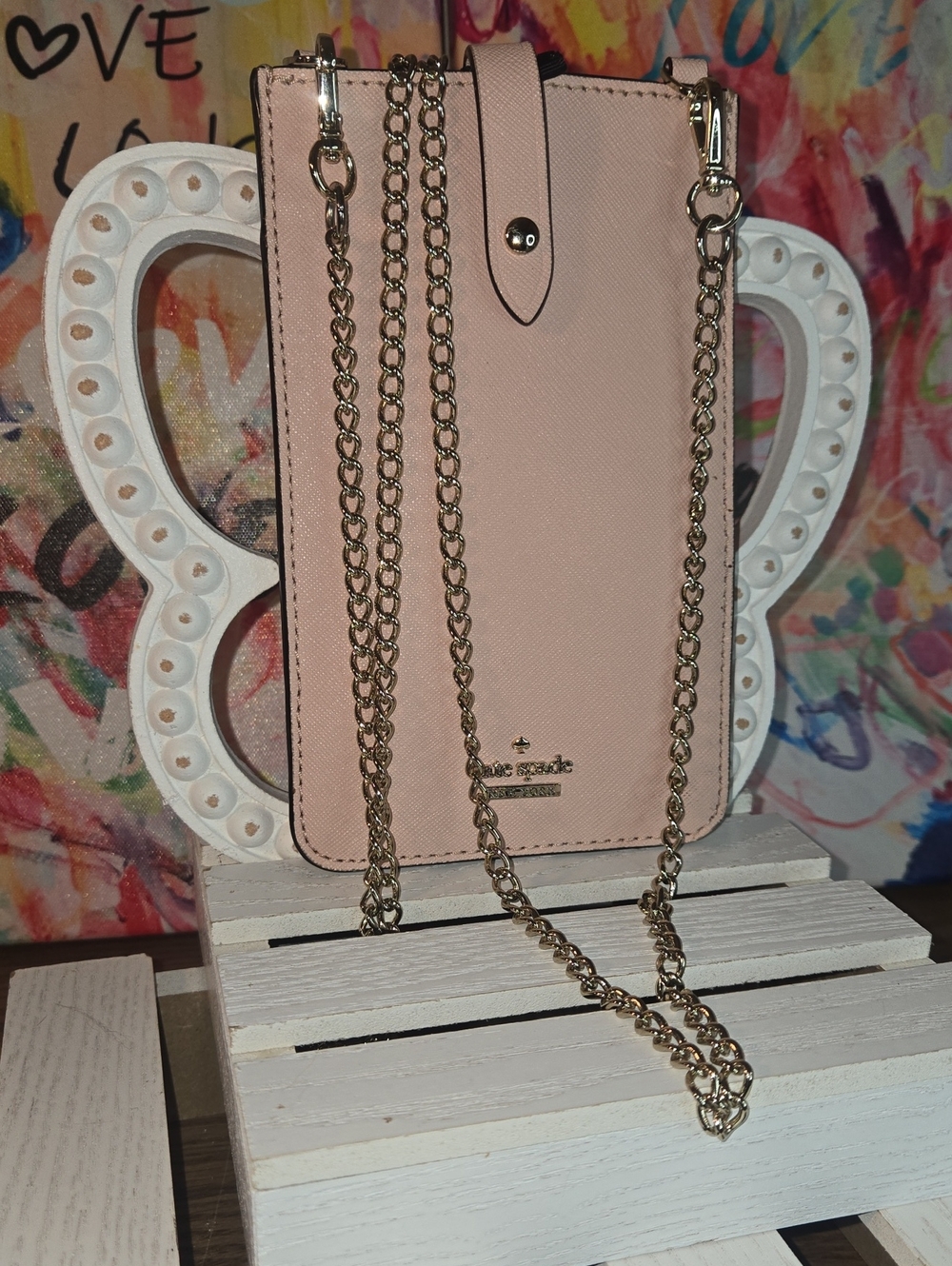 kate spade Blush Pink Saffiano Crossbody Phone Bag with Gold Chain
